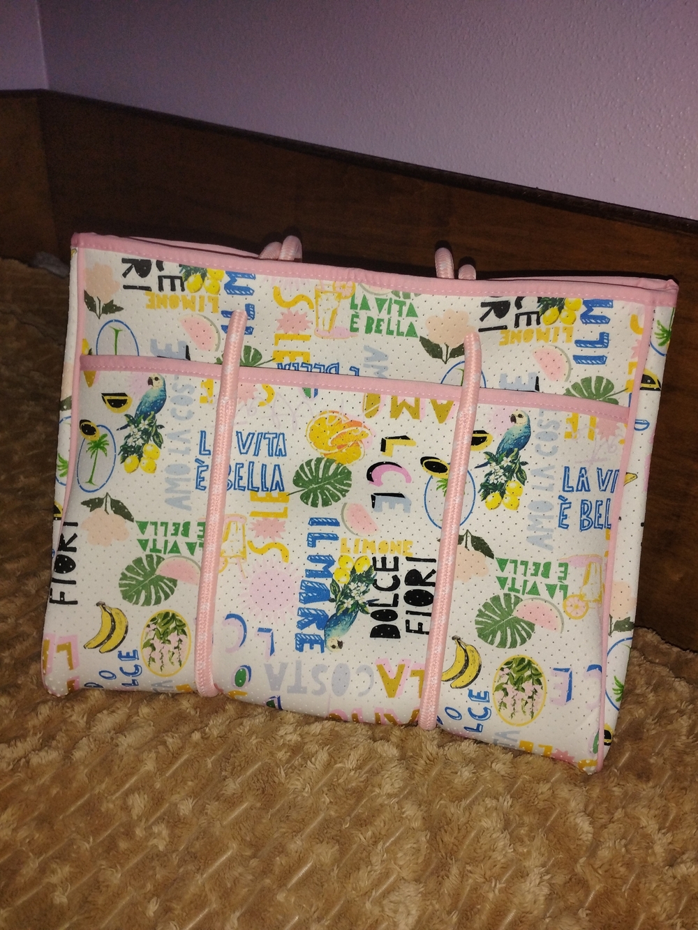 Pink Patterned Tote Bag with Tropical Print